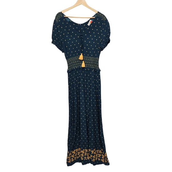 Anthropologie Farm Rio Maxi Jumpsuit Size Small Teal Gold Dot Floral Smocking